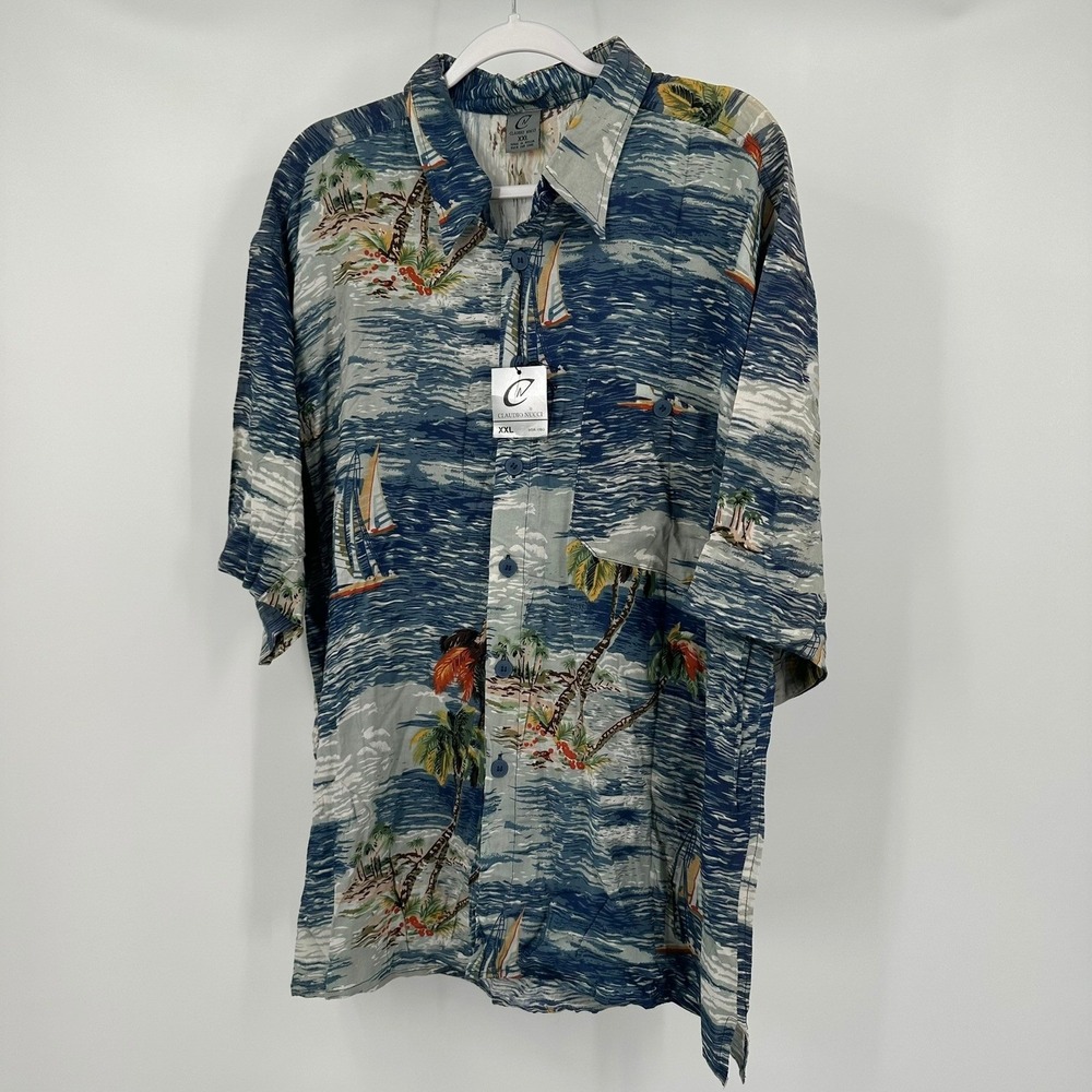 Claudio Nucci Mens Hawaiian Aloha Shirt Size XXL Blue Tropical Island Sailboat